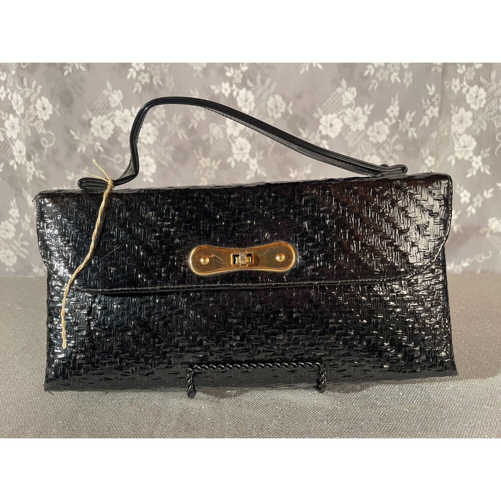 Vintage 60s Mod Purse 1960s Retro Black Patent Leather Mid Century Small Handbag
